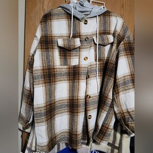 Plaid Button-Up Jacket with Hoodie